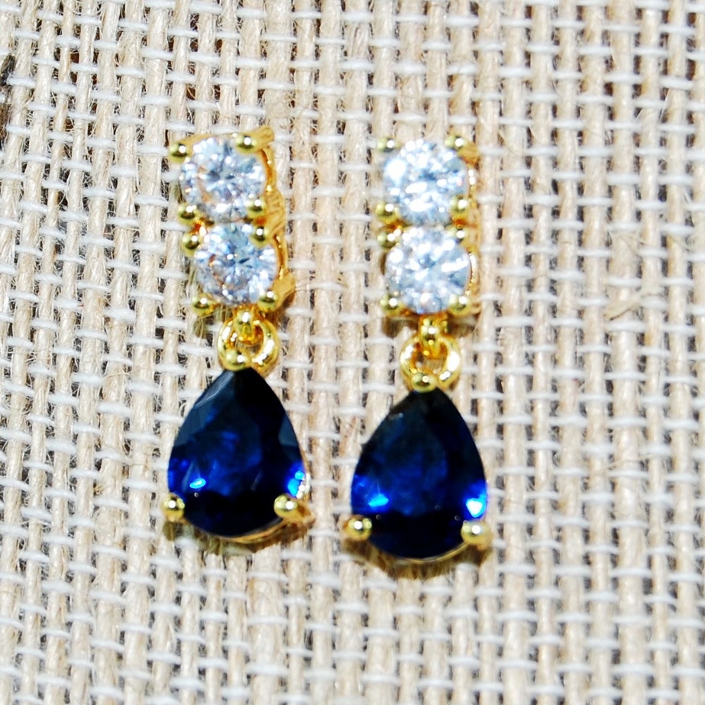 Pear Cut Blue Sapphire Yellow GP Drop Earrings